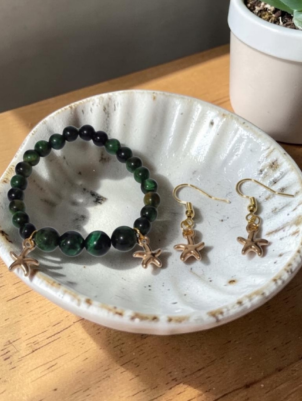 Handcrafted Green Stone And Gold Tone Starfish Charm Bracelet And Earring Set